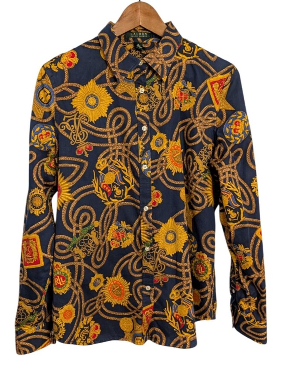 Lauren Ralph Lauren Navy Blue Button-Up Blouse Gold Chain Emblem Print Womens XL - Picture 14 of 14